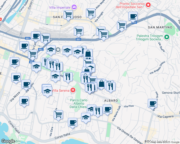 map of restaurants, bars, coffee shops, grocery stores, and more near 12 Via Rodi in Genova