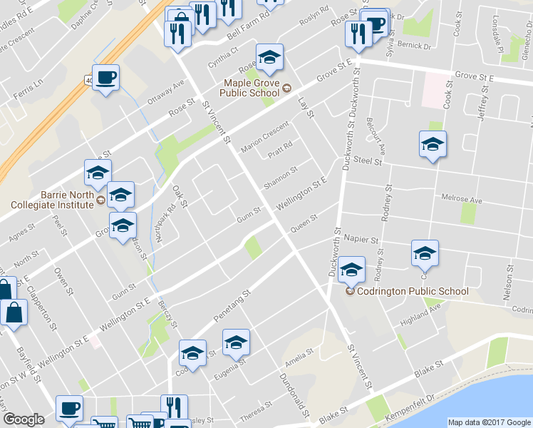 map of restaurants, bars, coffee shops, grocery stores, and more near in Barrie