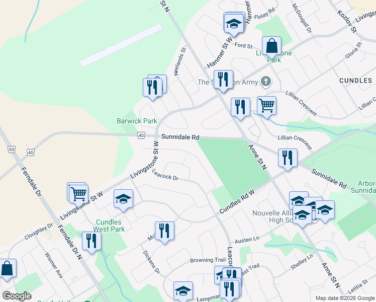 map of restaurants, bars, coffee shops, grocery stores, and more near 32 Geddes Crescent in Barrie