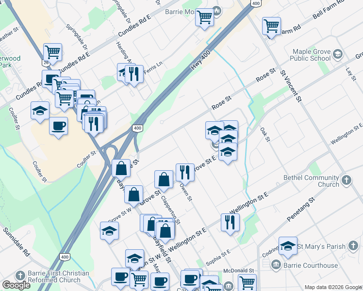 map of restaurants, bars, coffee shops, grocery stores, and more near 175 Peel Street in Barrie