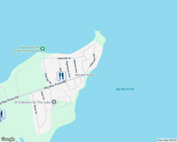 map of restaurants, bars, coffee shops, grocery stores, and more near 3925 Lakeview Road in Innisfil