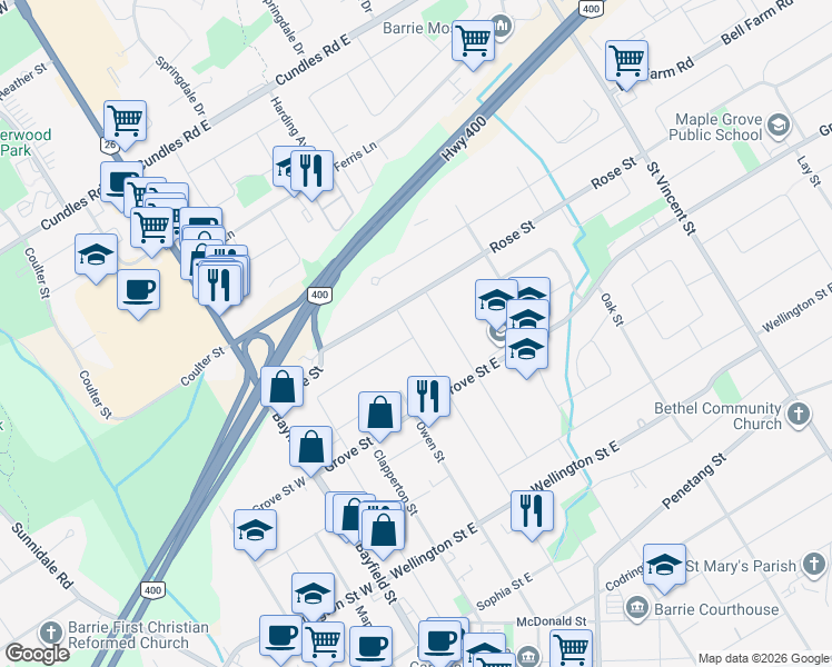 map of restaurants, bars, coffee shops, grocery stores, and more near in Barrie