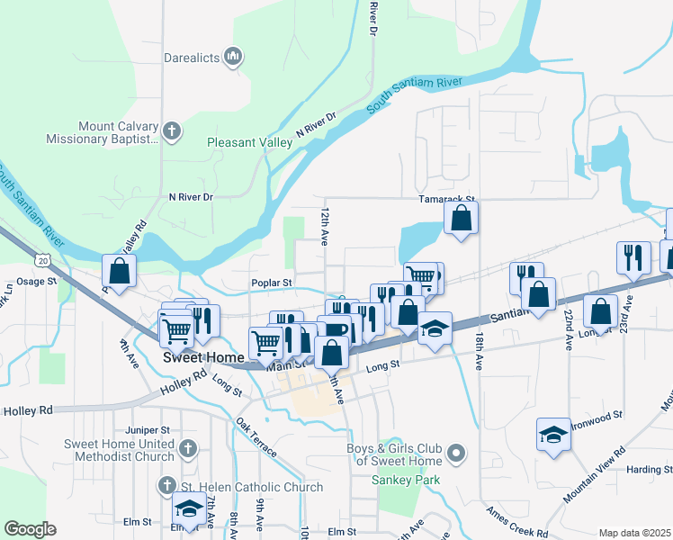 map of restaurants, bars, coffee shops, grocery stores, and more near 1625 12th Avenue in Sweet Home