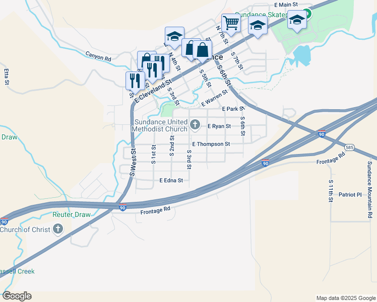 map of restaurants, bars, coffee shops, grocery stores, and more near 255-299 East Alden Street in Sundance