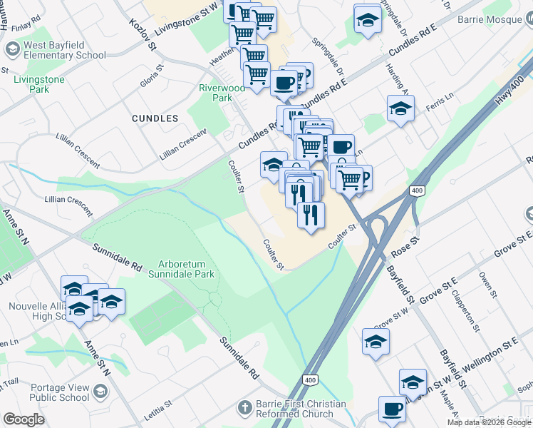 map of restaurants, bars, coffee shops, grocery stores, and more near in Barrie