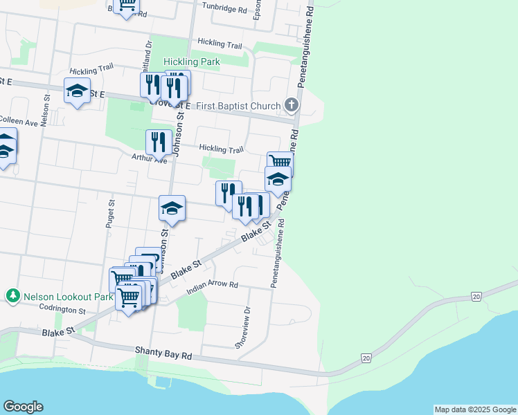 map of restaurants, bars, coffee shops, grocery stores, and more near 444 Blake Street in Barrie