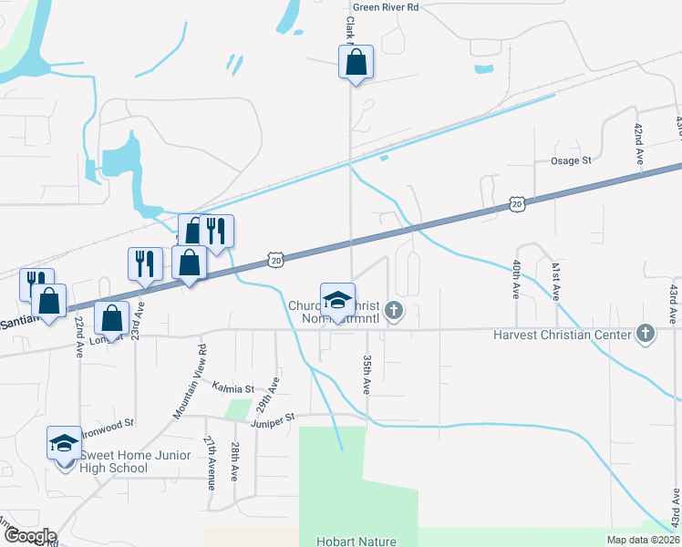 map of restaurants, bars, coffee shops, grocery stores, and more near 1206 Clark Mill Road in Sweet Home