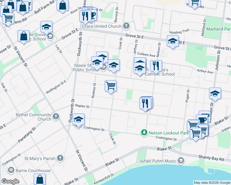 map of restaurants, bars, coffee shops, grocery stores, and more near 147 Cook Street in Barrie