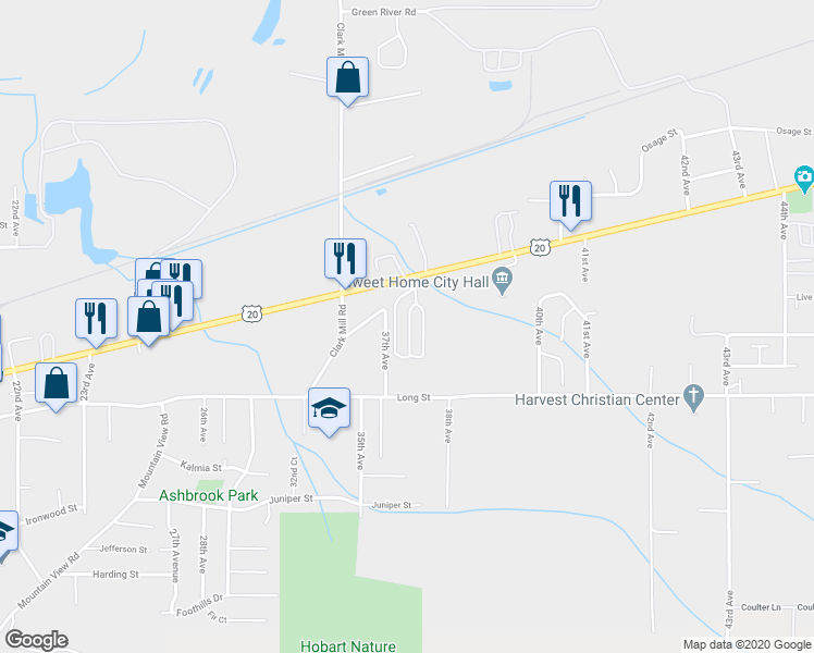 map of restaurants, bars, coffee shops, grocery stores, and more near 3137 U.S. 20 in Sweet Home