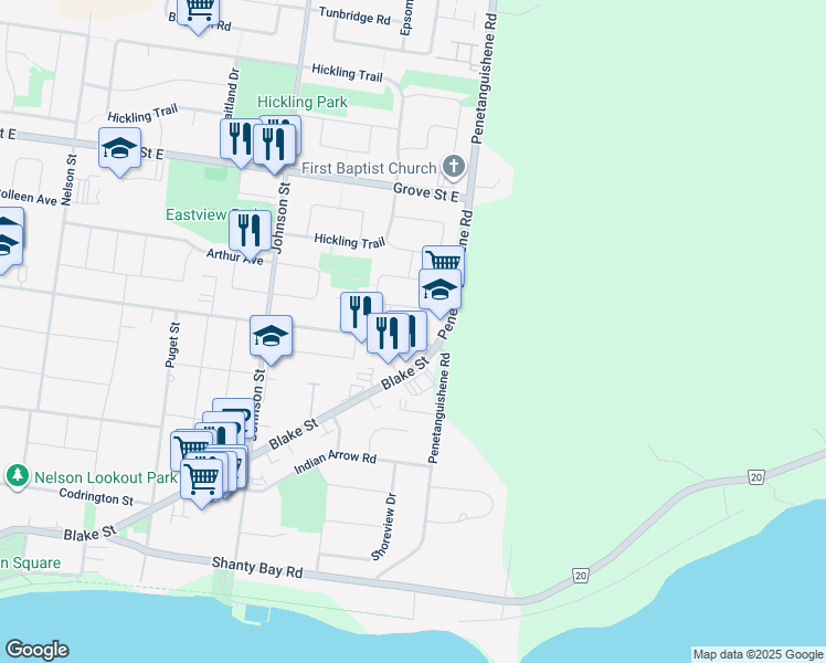 map of restaurants, bars, coffee shops, grocery stores, and more near in Barrie