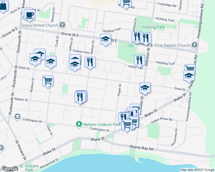 map of restaurants, bars, coffee shops, grocery stores, and more near 137 Vancouver Street in Barrie