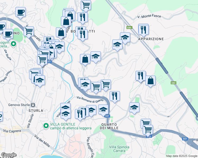 map of restaurants, bars, coffee shops, grocery stores, and more near 8C Via Monaco Simone in Genova