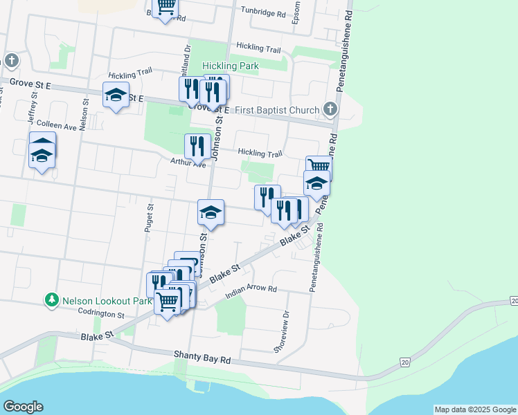 map of restaurants, bars, coffee shops, grocery stores, and more near 222 Steel Street in Barrie
