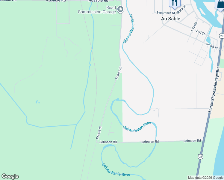 map of restaurants, bars, coffee shops, grocery stores, and more near 3988 Forest Street in Au Sable Charter Township