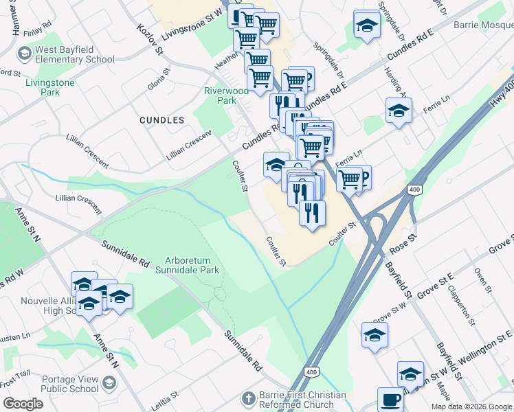 map of restaurants, bars, coffee shops, grocery stores, and more near 39 Coulter Street in Barrie