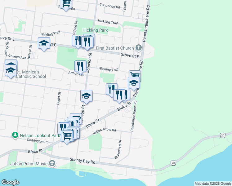 map of restaurants, bars, coffee shops, grocery stores, and more near 240 Steel Street in Barrie