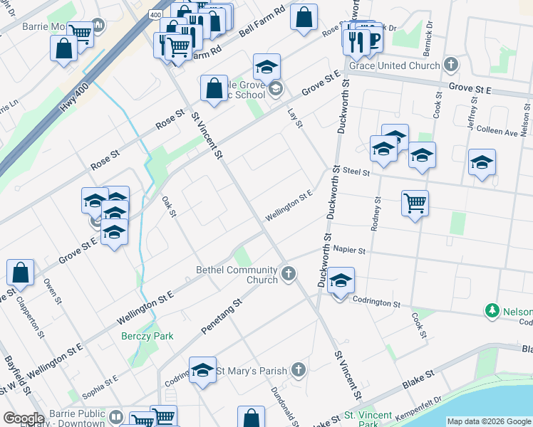 map of restaurants, bars, coffee shops, grocery stores, and more near 234 Wellington Street East in Barrie