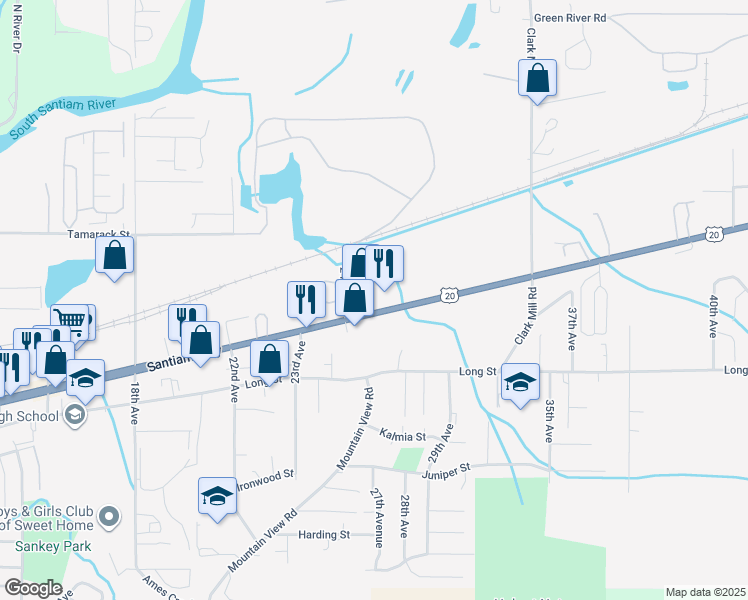 map of restaurants, bars, coffee shops, grocery stores, and more near 1425 24th Avenue in Sweet Home