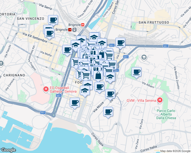 map of restaurants, bars, coffee shops, grocery stores, and more near 30 Corso Torino in Genova