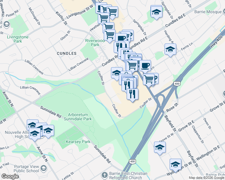 map of restaurants, bars, coffee shops, grocery stores, and more near 17 Argyle Road in Barrie