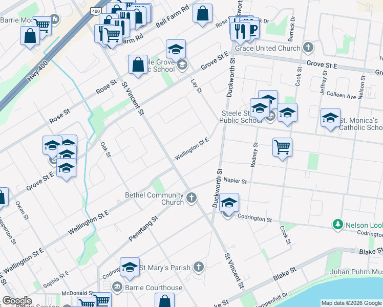 map of restaurants, bars, coffee shops, grocery stores, and more near 243 Wellington Street East in Barrie