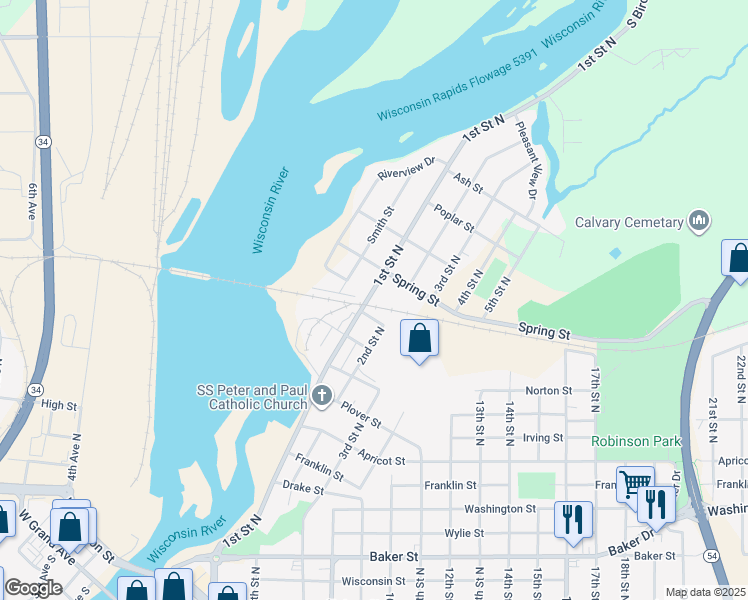 map of restaurants, bars, coffee shops, grocery stores, and more near 1531 1st Street North in Wisconsin Rapids