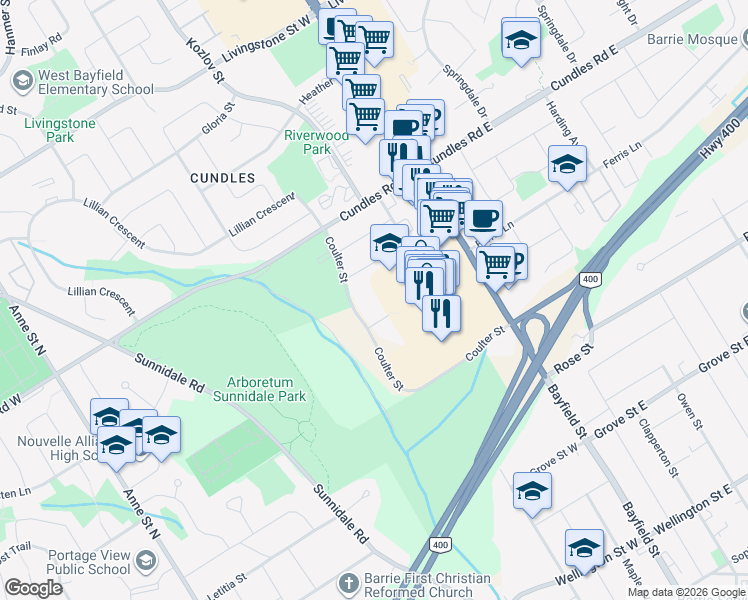 map of restaurants, bars, coffee shops, grocery stores, and more near 41 Coulter Street in Barrie