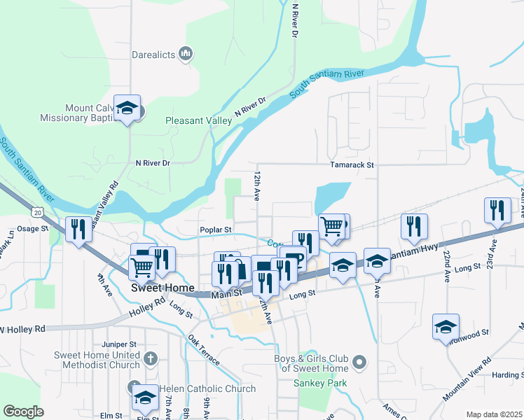 map of restaurants, bars, coffee shops, grocery stores, and more near 1761 12th Avenue in Sweet Home