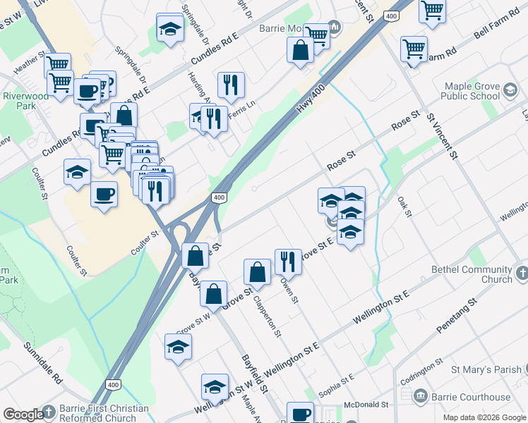 map of restaurants, bars, coffee shops, grocery stores, and more near 48 Rose Street in Barrie