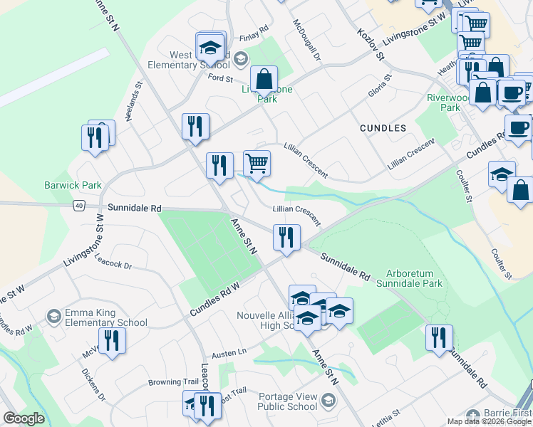 map of restaurants, bars, coffee shops, grocery stores, and more near 207 Lillian Crescent in Barrie