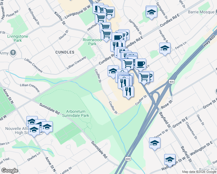 map of restaurants, bars, coffee shops, grocery stores, and more near 41 Coulter Street in Barrie