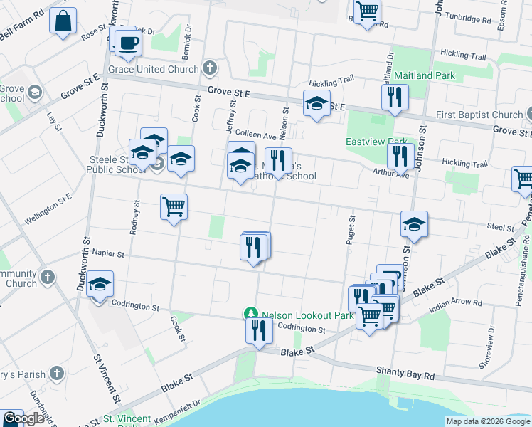 map of restaurants, bars, coffee shops, grocery stores, and more near 106 Nelson Street in Barrie