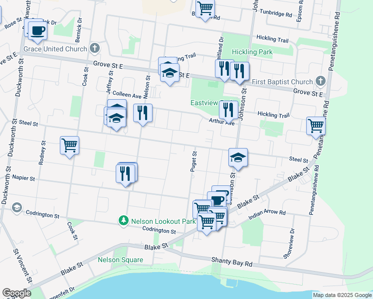 map of restaurants, bars, coffee shops, grocery stores, and more near 151 Steel Street in Barrie