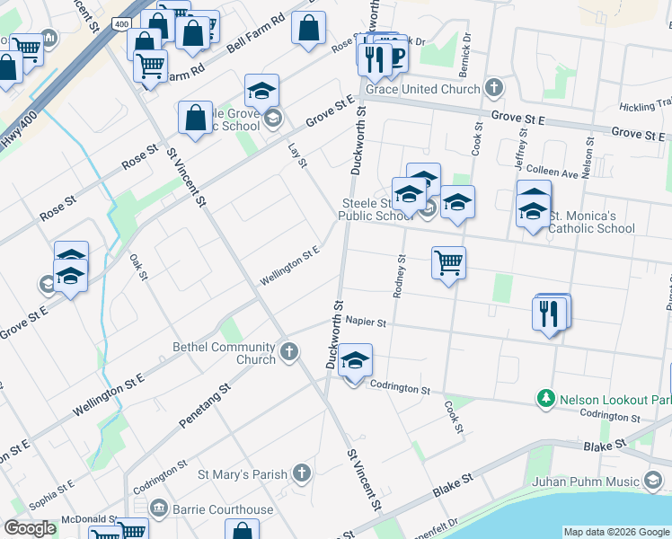 map of restaurants, bars, coffee shops, grocery stores, and more near 134 Queen Street in Barrie