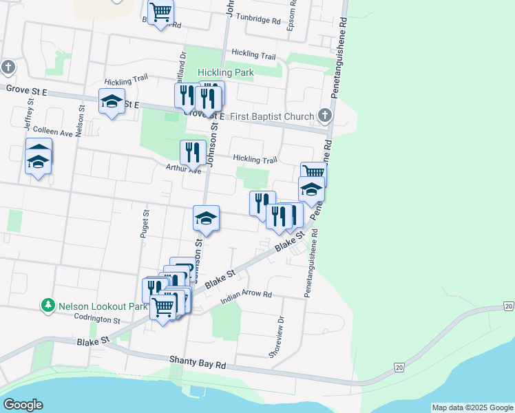 map of restaurants, bars, coffee shops, grocery stores, and more near 222 Steel Street in Barrie