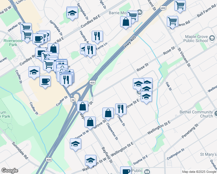 map of restaurants, bars, coffee shops, grocery stores, and more near 44 Rose Street in Barrie