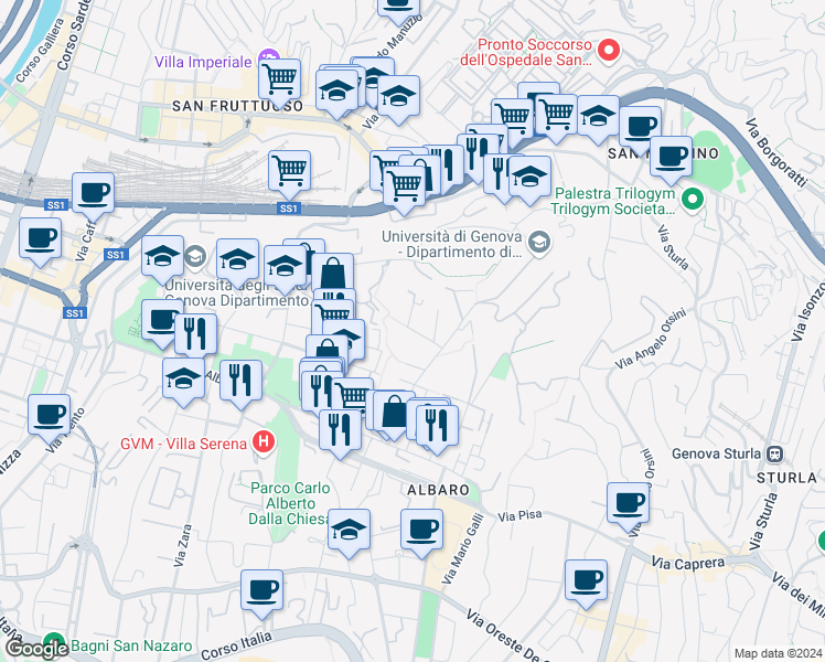 map of restaurants, bars, coffee shops, grocery stores, and more near 2 Via Somalia in Genova