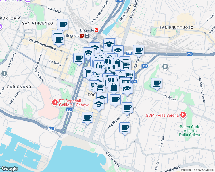 map of restaurants, bars, coffee shops, grocery stores, and more near 30 Corso Torino in Genova