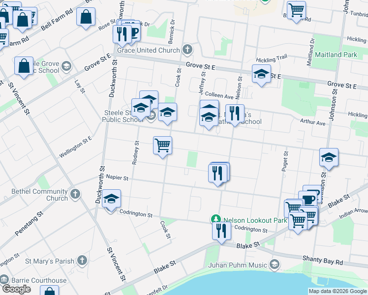 map of restaurants, bars, coffee shops, grocery stores, and more near 66 Melrose Avenue in Barrie