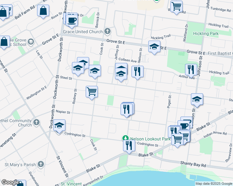 map of restaurants, bars, coffee shops, grocery stores, and more near 76 Melrose Avenue in Barrie