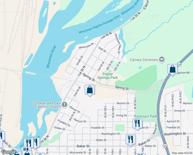 map of restaurants, bars, coffee shops, grocery stores, and more near 1631 3rd Street North in Wisconsin Rapids