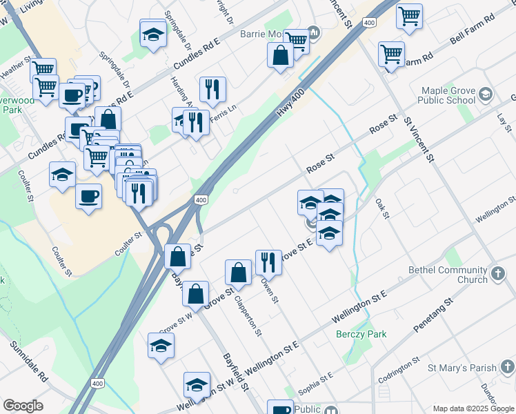 map of restaurants, bars, coffee shops, grocery stores, and more near 53 Rose Street in Barrie