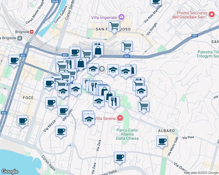 map of restaurants, bars, coffee shops, grocery stores, and more near 7 Via Giorgio Byron in Genova