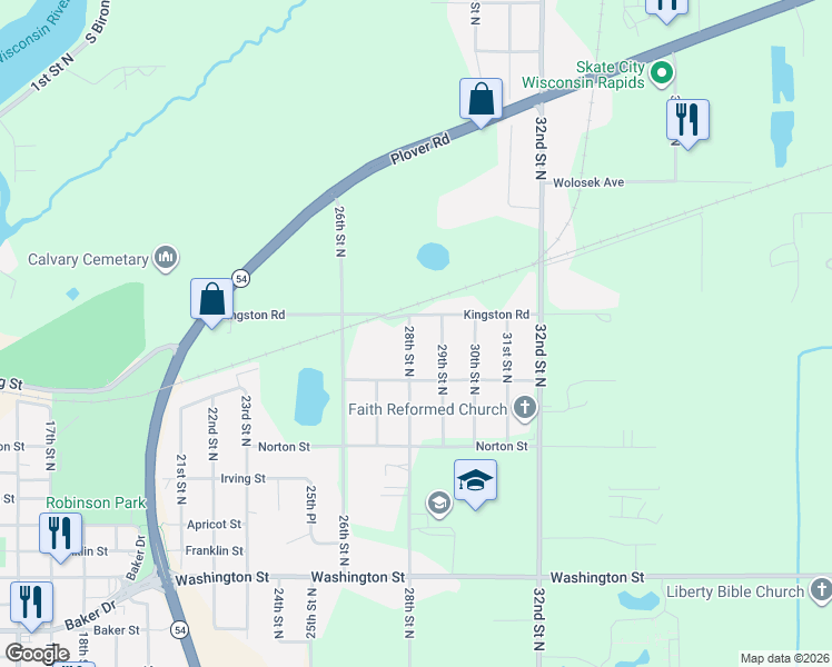 map of restaurants, bars, coffee shops, grocery stores, and more near 2810 Kingston Road in Wisconsin Rapids