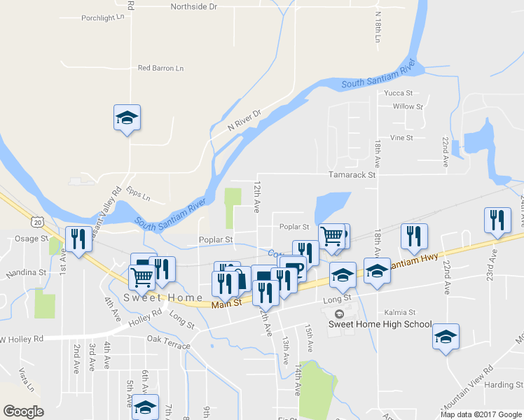 map of restaurants, bars, coffee shops, grocery stores, and more near 1761 12th Ave in Sweet Home