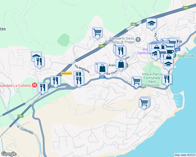 map of restaurants, bars, coffee shops, grocery stores, and more near 89 Via Francia in Arenzano