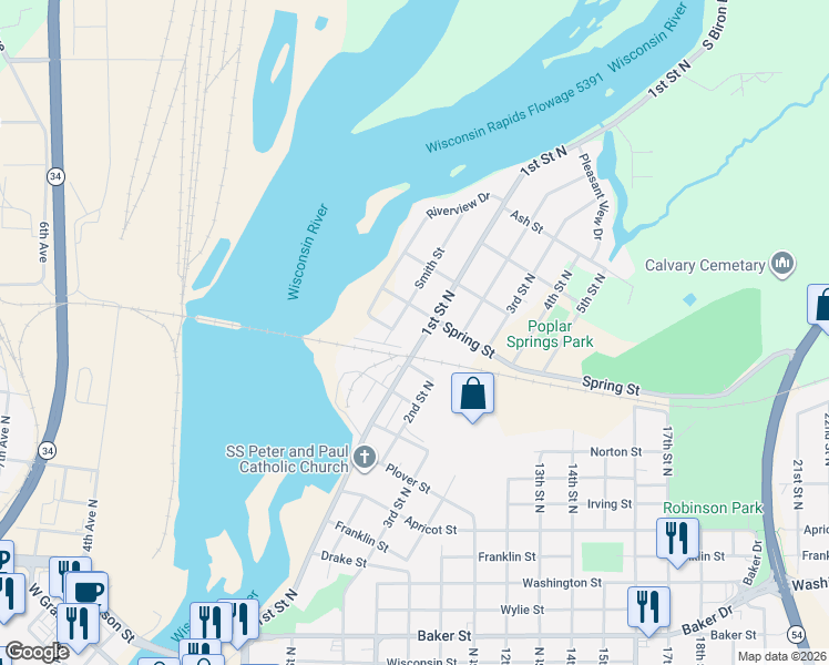 map of restaurants, bars, coffee shops, grocery stores, and more near 1531 1st Street North in Wisconsin Rapids