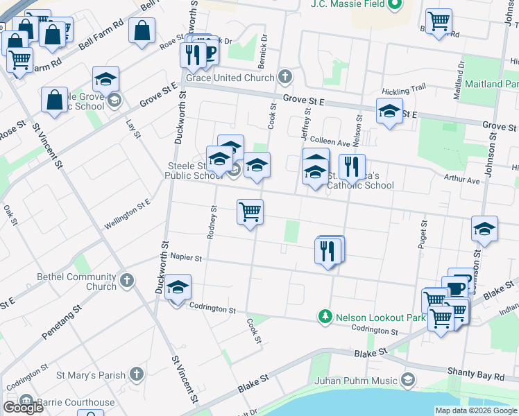 map of restaurants, bars, coffee shops, grocery stores, and more near Cook Street in Barrie