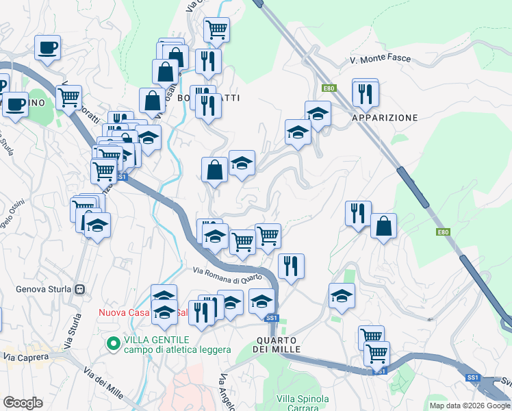 map of restaurants, bars, coffee shops, grocery stores, and more near 8C Via Monaco Simone in Genova