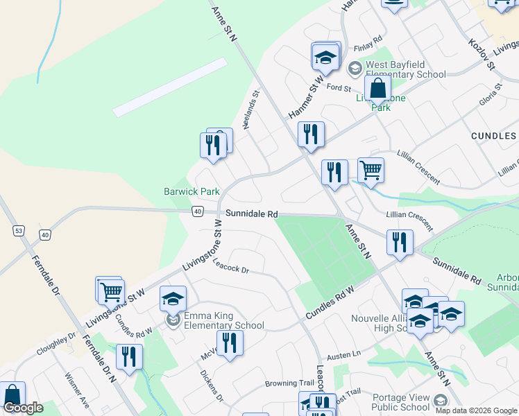 map of restaurants, bars, coffee shops, grocery stores, and more near 31 Etherington Crescent in Barrie